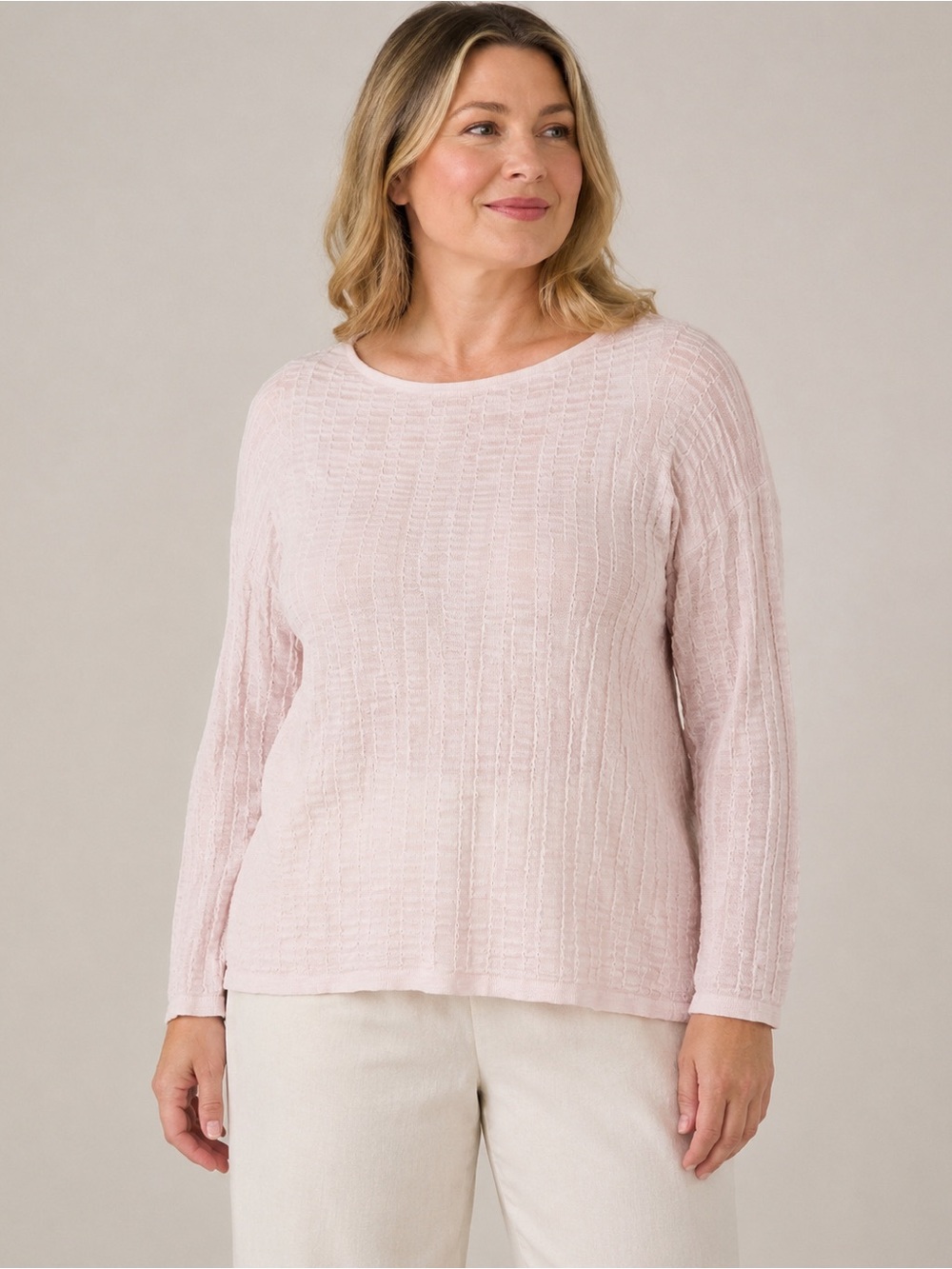 Eileen Fisher Organic Linen Cotton Grid Pullover Sweater Pink Large L